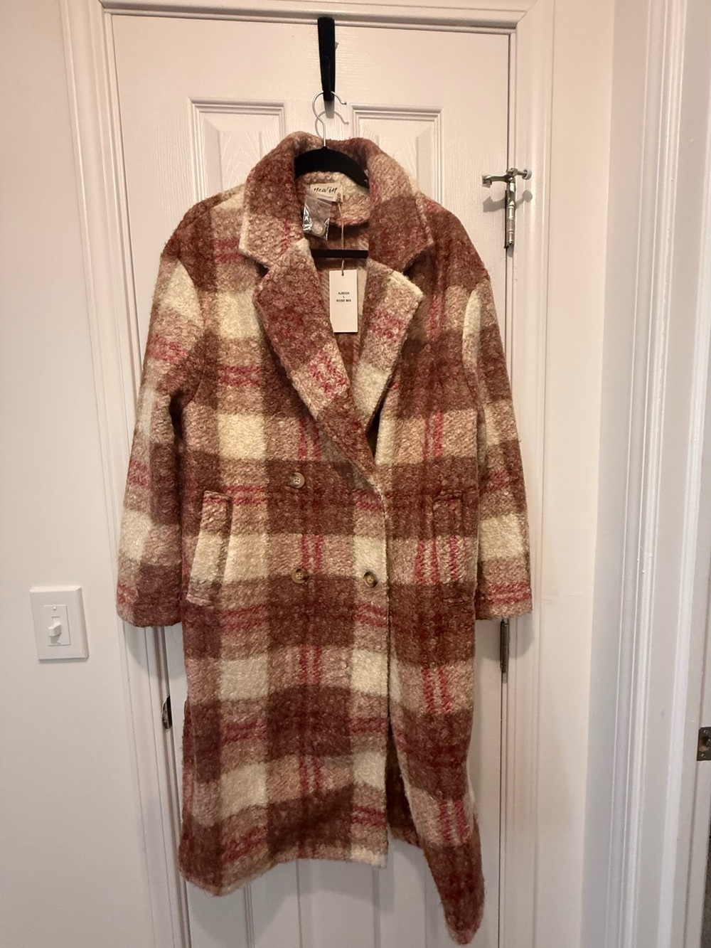 Plaid Curly Faux Fur Pocketed Trench Coat in Rose Double-Breasted Coat